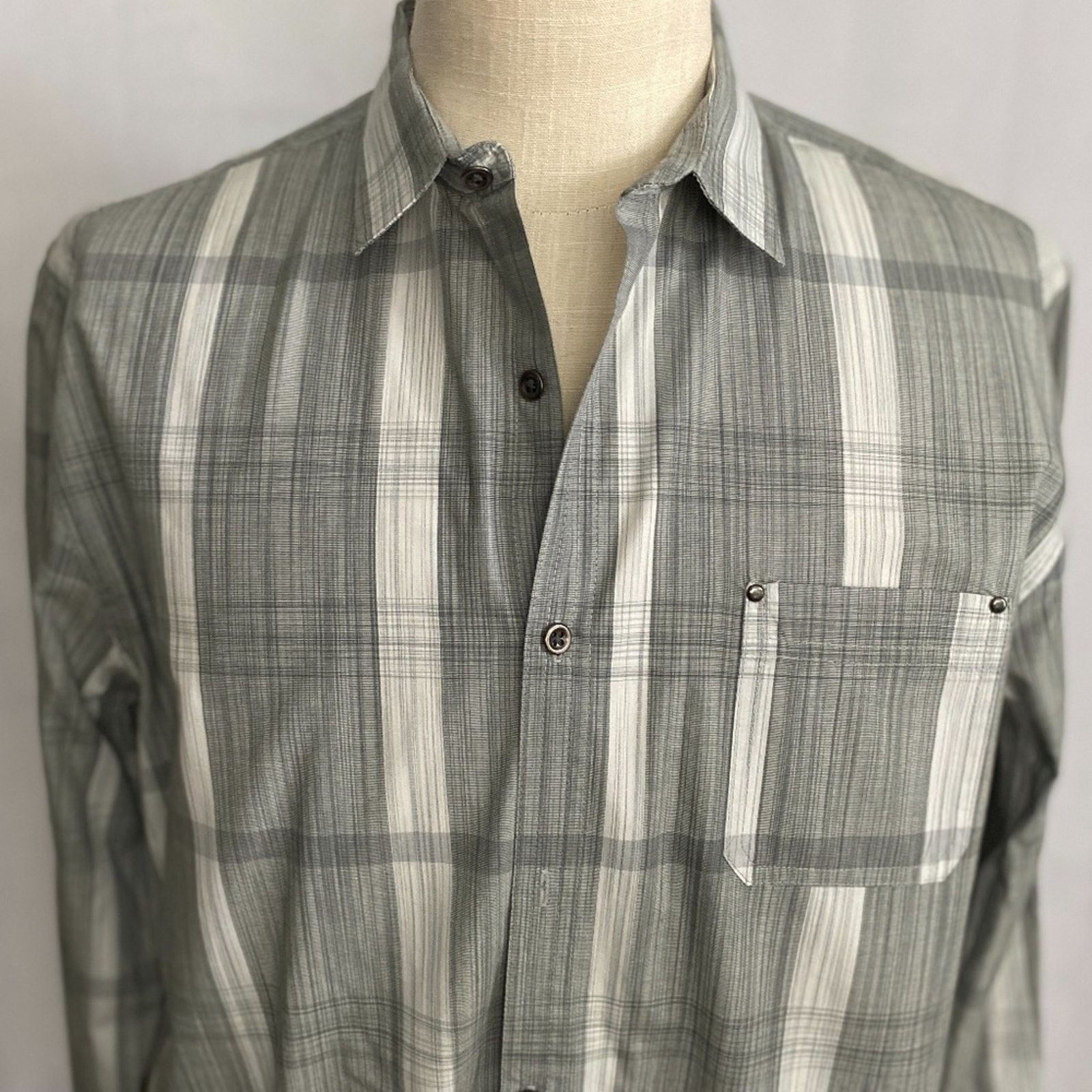 Axist AXIST Slim Fit Long Sleeve Gray White Plaid Cotton Shirt LG Size US L / EU 52-54 / 3 - 3 Thumbnail