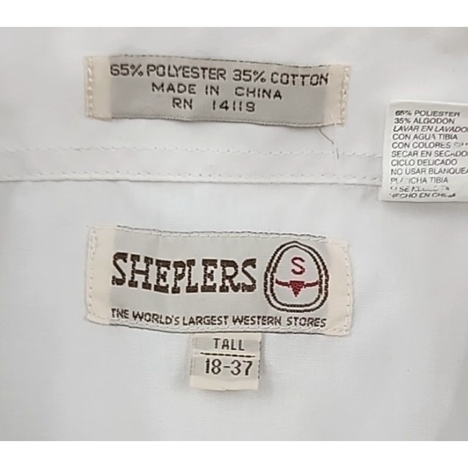 Vintage VINTAGE Sheplers Pearl Snap Shirt Mens 18 37 Tall Western Button-Up Long Sleeve White Cotton Blend 70s 80s 90s Cowboy Mens Size US XXL / EU 58 / 5 - 6 Thumbnail