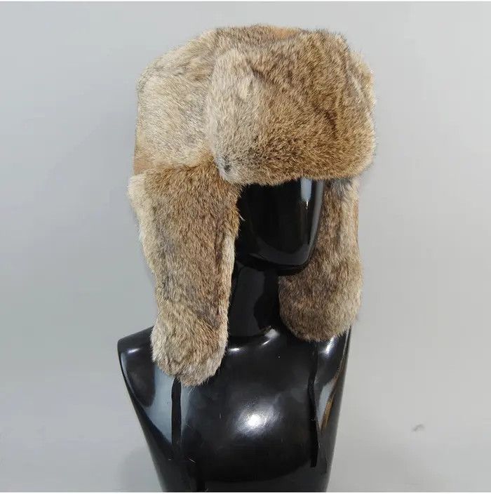 Other Warm Natural Rabbit Fur Bomber Hat With Earflaps Size ONE SIZE - 8 Thumbnail