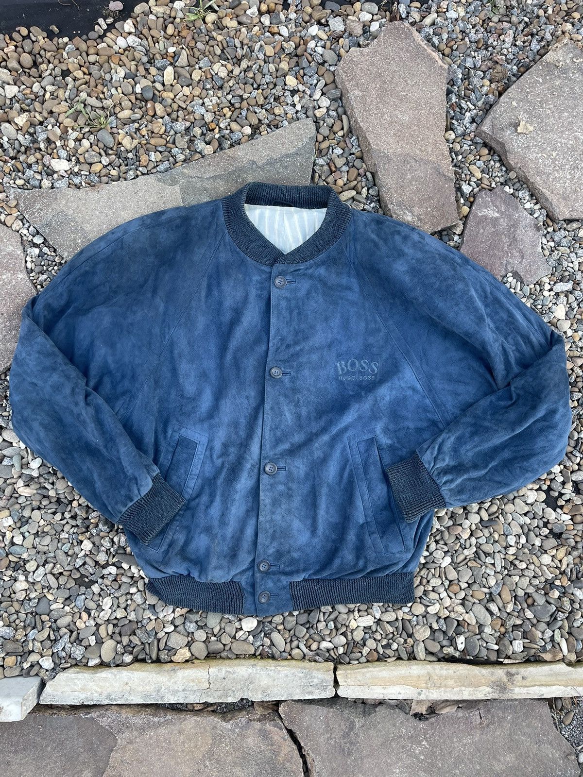 Hugo Boss × Vintage 90’s Boss Luxury navy suede bomber jacket vintage leather Size US L / EU 52-54 / 3 - 3 Thumbnail