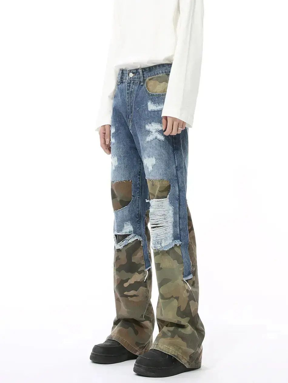 Japanese Brand Retro loose camouflage ripped patchwork jeans Size US 32 / EU 48 - 1 Thumbnail