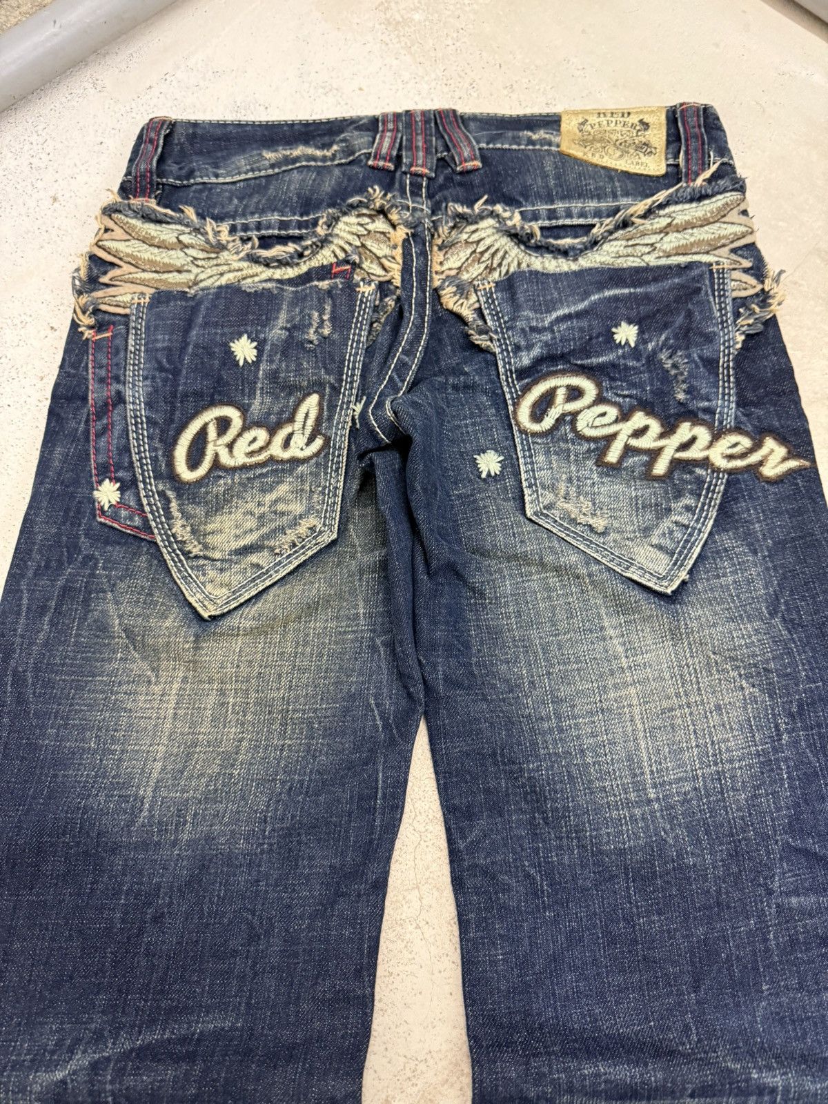 Hysteric Glamour × Japanese Brand Red Pepper Feather Wings Embroidered Lowrise Mud Flare Jeans Size US 27 - 6 Thumbnail