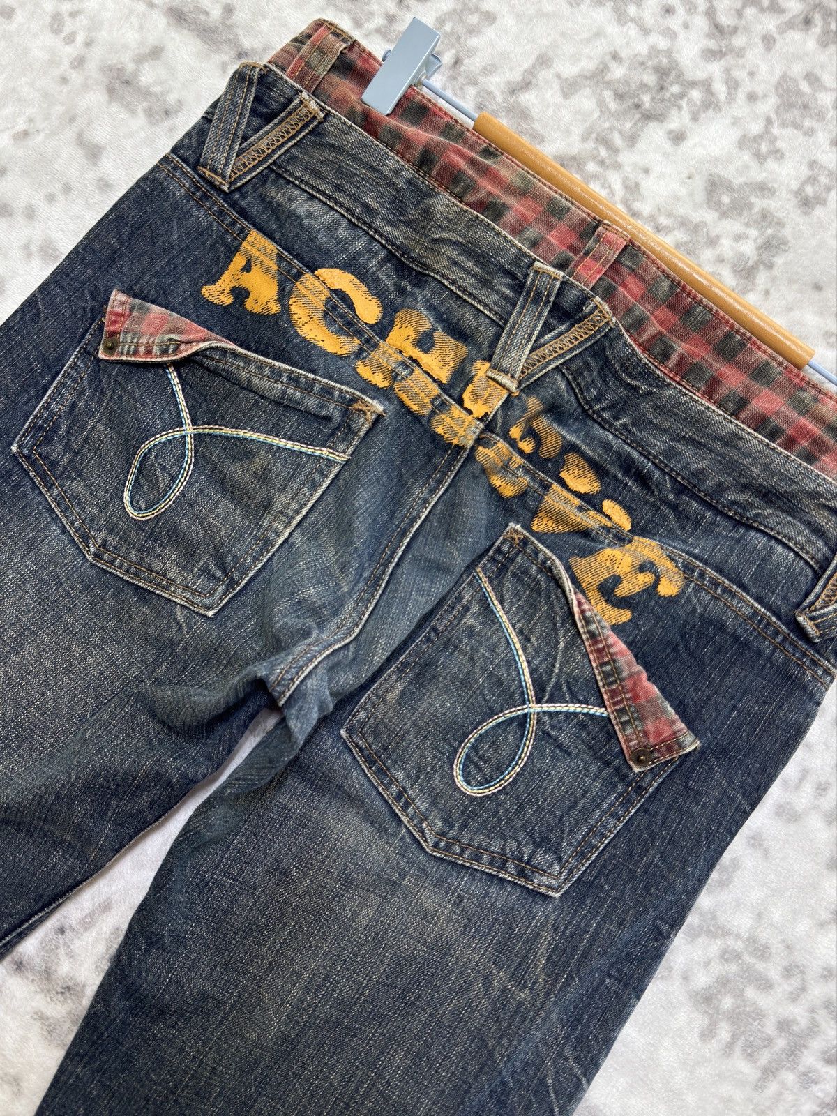 Japanese Brand Colza Y2K Double Waist Distressed Printed back Denim Jeans Size US 31 - 12 Thumbnail