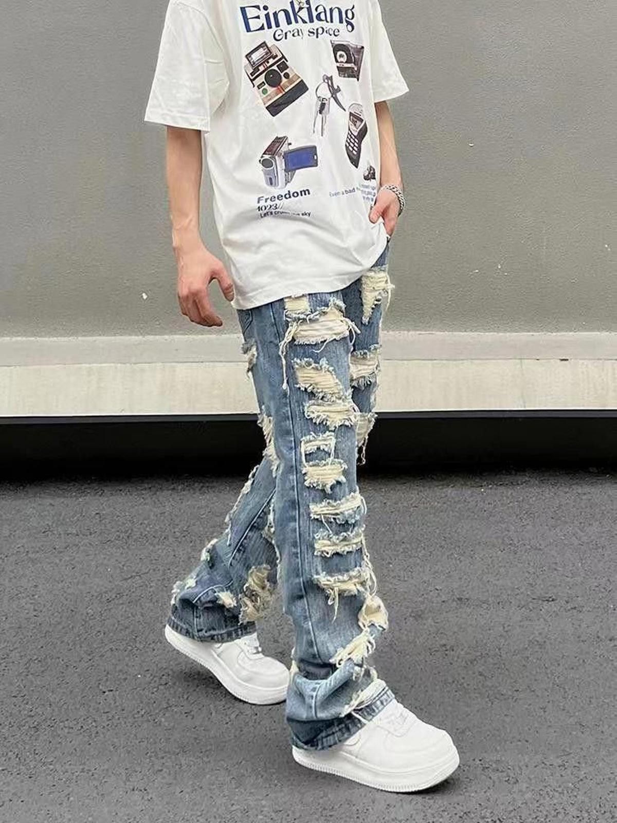 Jean × Vintage Distressed Mesh Embroidery Wide Leg Denim Jeans Size US 30 / EU 46 - 1 Thumbnail