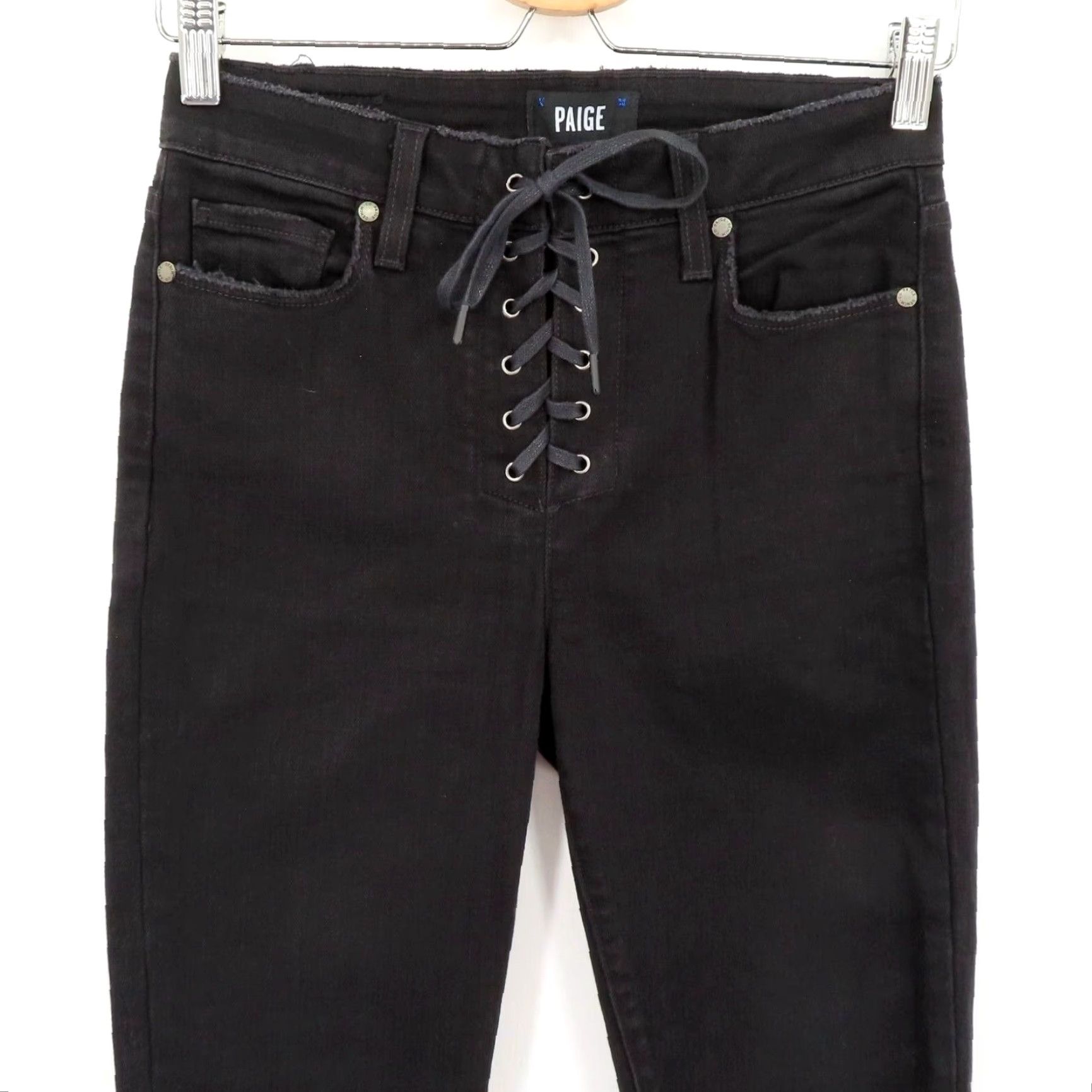 Paige Paige Hoxton Ankle Peg Lace Up Jeans Womens 27 Black Denim Cotton Blend Boyfriend Regular Hem 5.5" Inseam 30" Size 27" / US 4 / IT 40 - 2 Thumbnail