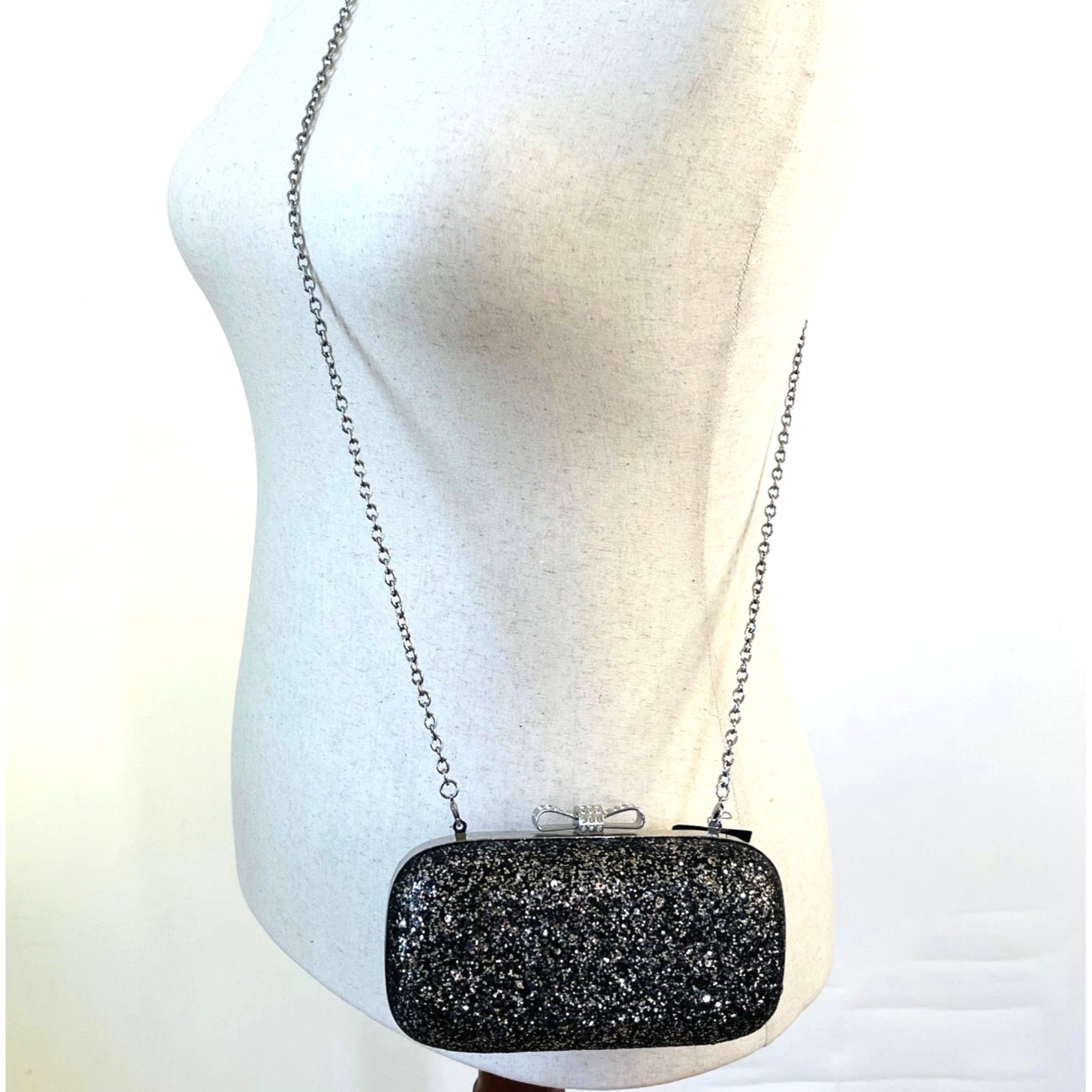 I.N.C Clutch Purse Evie by INC Hard Shell Silver Glitter on Black Size ONE SIZE - 2 Thumbnail