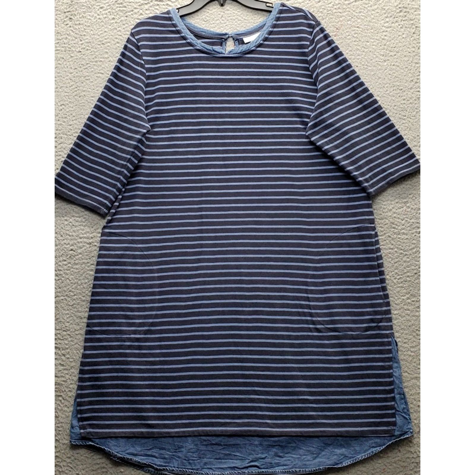 J. Jill J. Jill Womens T-Shirt Dress 1X Multicolor Striped 3/4 Sleeve Round Hem Keyhole Back Midi Shirt Dress Size XL / US 12-14 / IT 48-50 - 2 Thumbnail