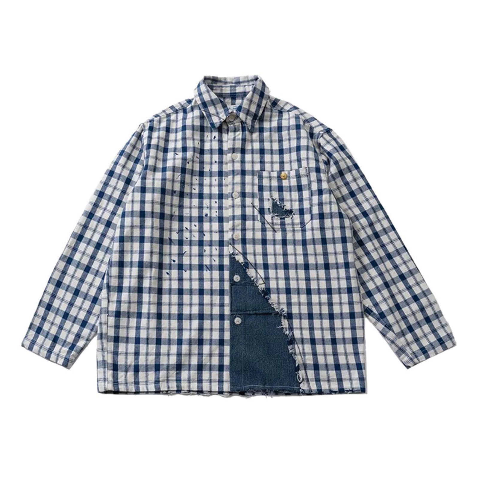 Plaid Denim Jean Patchwork Clash Shirt