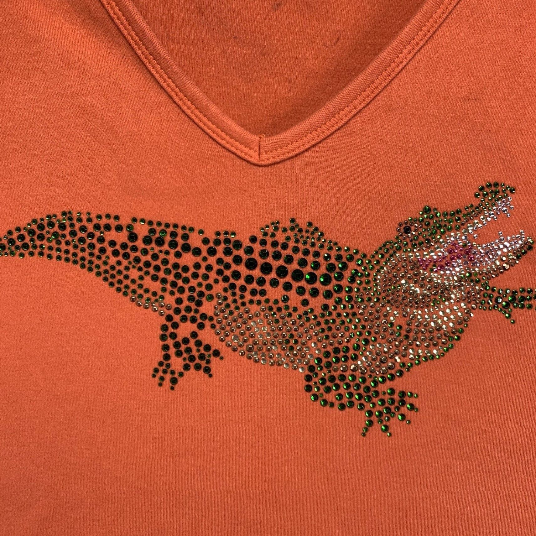Vintage VINTAGE Women’s Cotton V-Neck T-Shirt 1X Plus Size Orange Alligator Sequin Embellished Beach Casual Size XL / US 12-14 / IT 48-50 - 2 Thumbnail