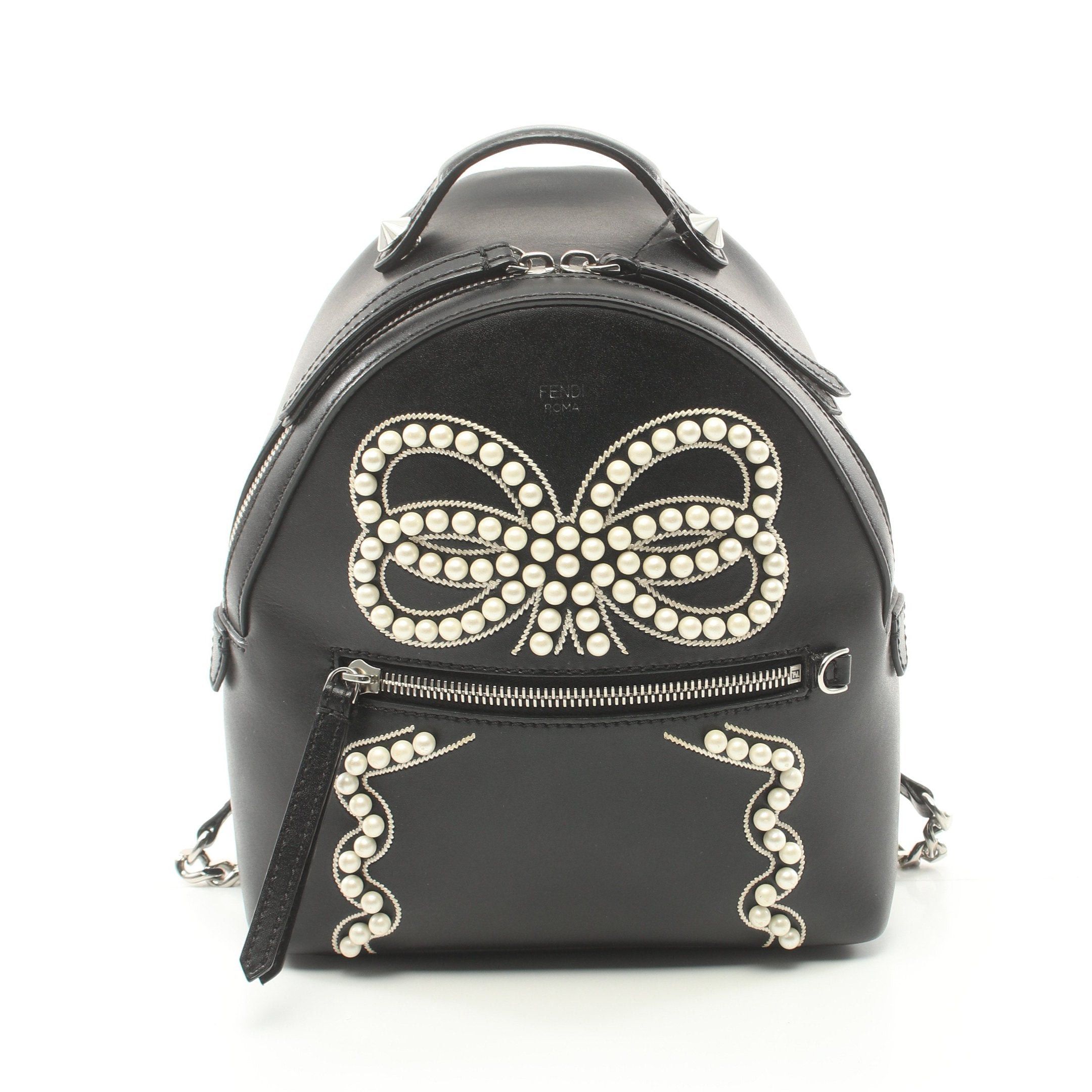 image of Fendi Backpack Rucksack Mini Rucksack Leather Black Fake Pearl, Women's