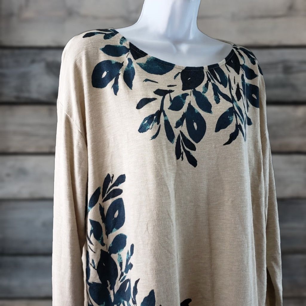 Vintage PureJill Womens Blouse Long Sleeve Beige Blue Rayon Blend Size L XS? Wait. Size L / US 10 / IT 46 - 1 Thumbnail