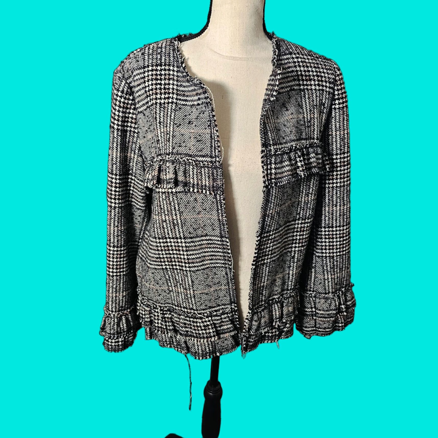 Pleione Blazer XL White Plaid Ruffle Wool Blend Polyester Blend Women Regular