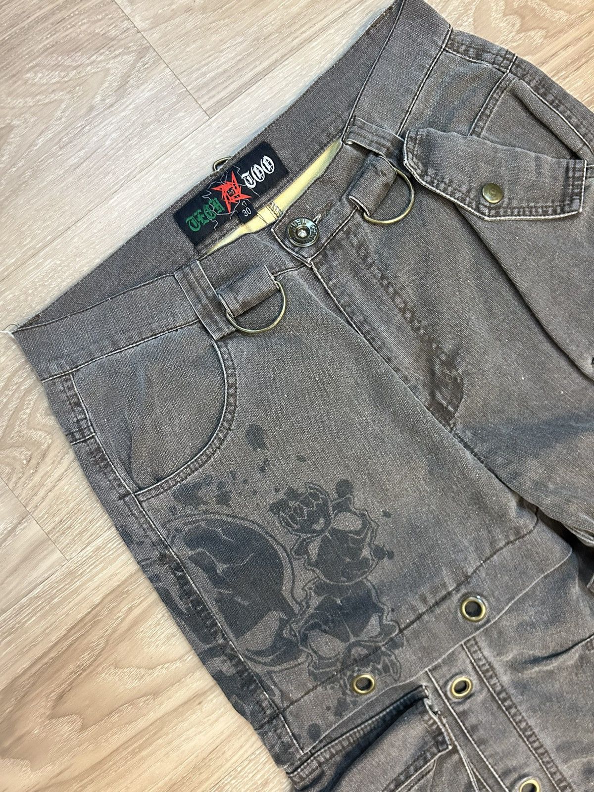 If Six Was Nine RARE💥Tech Too Skull Print Bondage Cargo Pants Y2K Cyber Goth Size US 30 / EU 46 - 3 Thumbnail