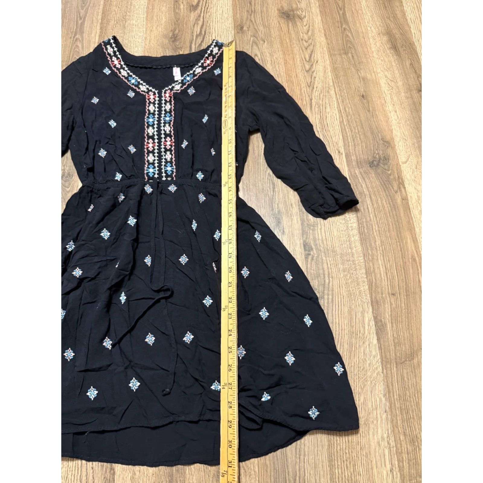 Vintage Xhilaration Dress Womens Size Small Black V-Neck Embroidered A-Line, Short, Casual, Regular, Polyester, Fall Spring Summer, Womens Size S / US 4 / IT 40 - 5 Thumbnail