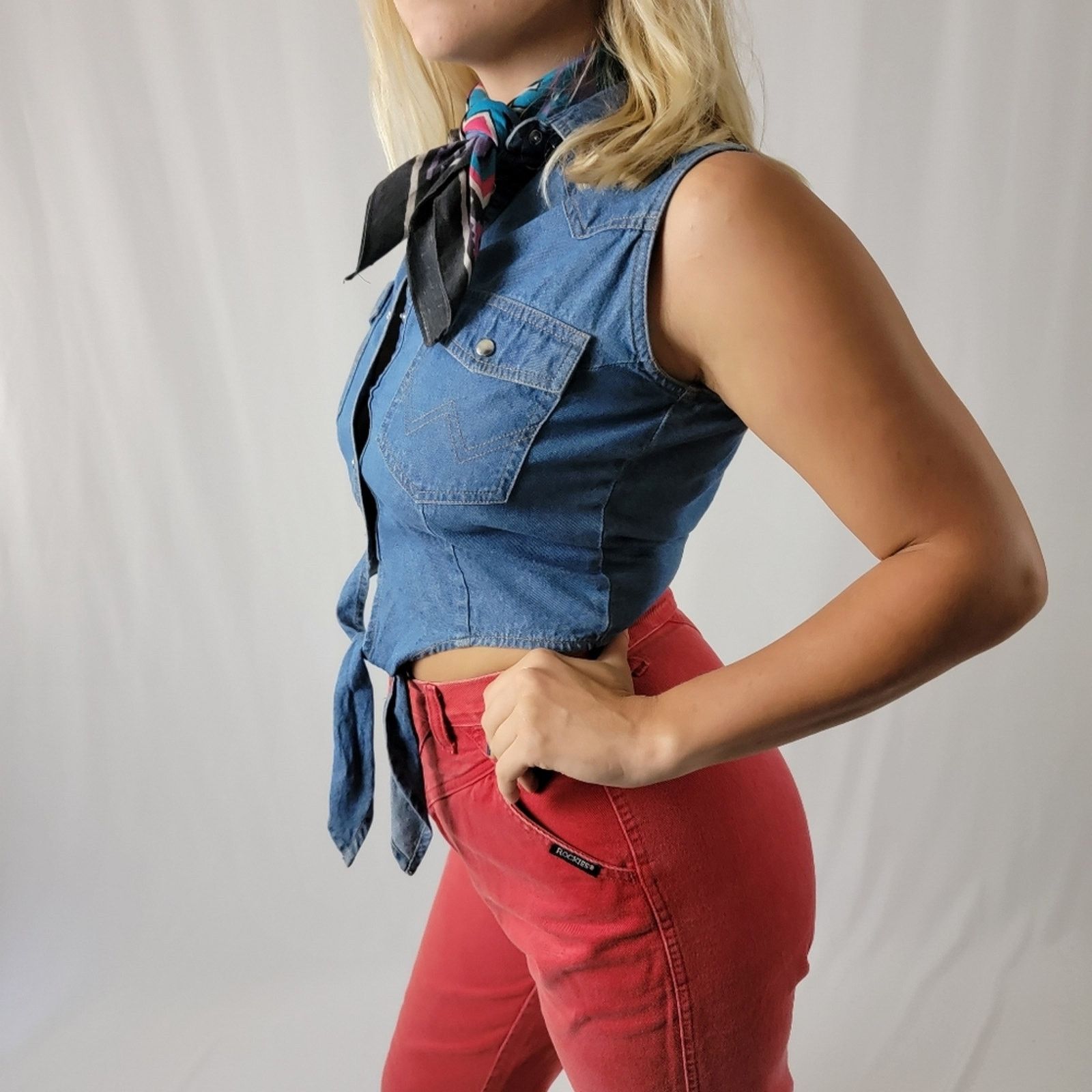 NEW 70's Wrangler Denim Pearl Snap Crop Tie Front Vest