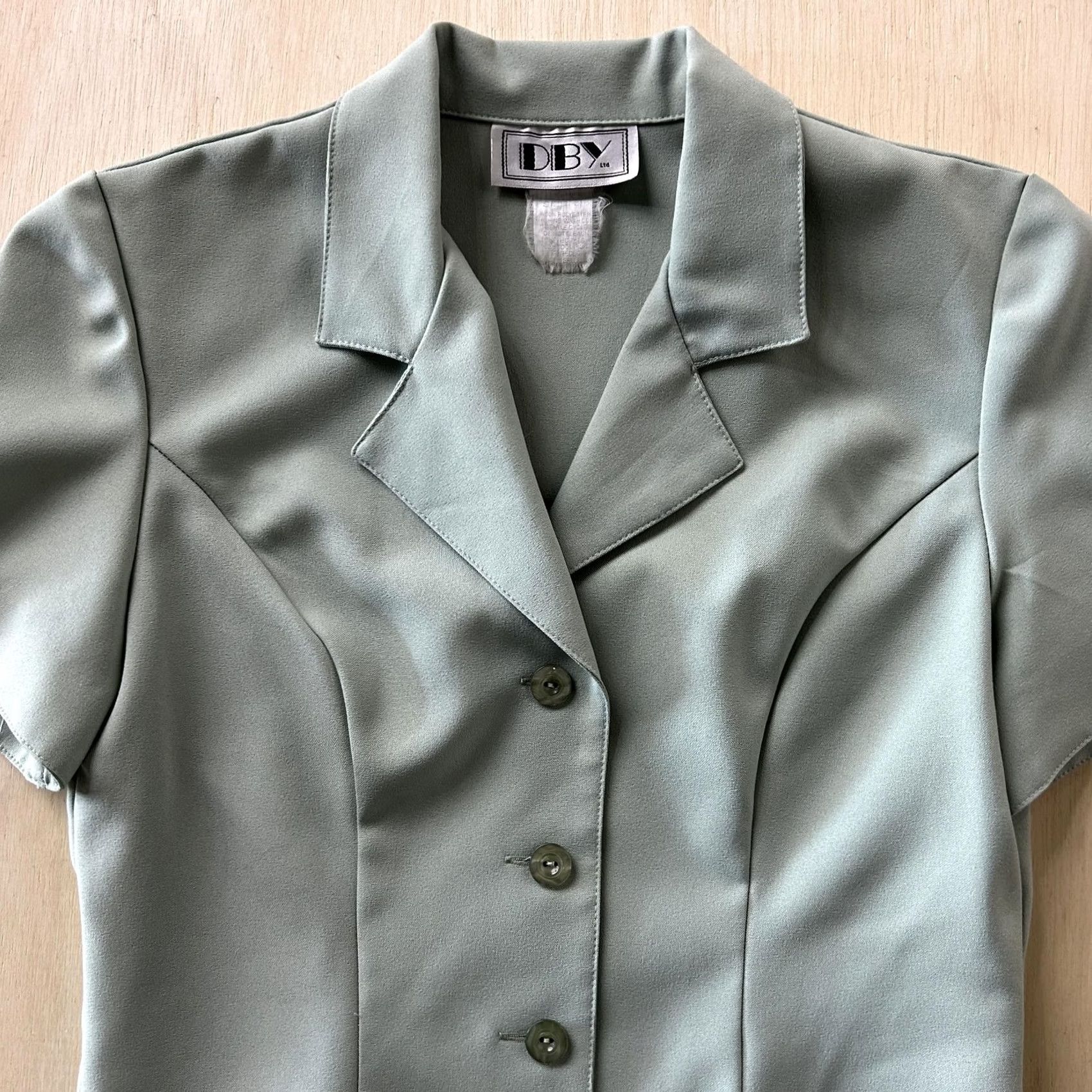Vintage VINTAGE DBY Blouse Womens 5/6 Green Short Sleeve Collared Button Slim Woven Top Size S / US 4 / IT 40 - 3 Thumbnail
