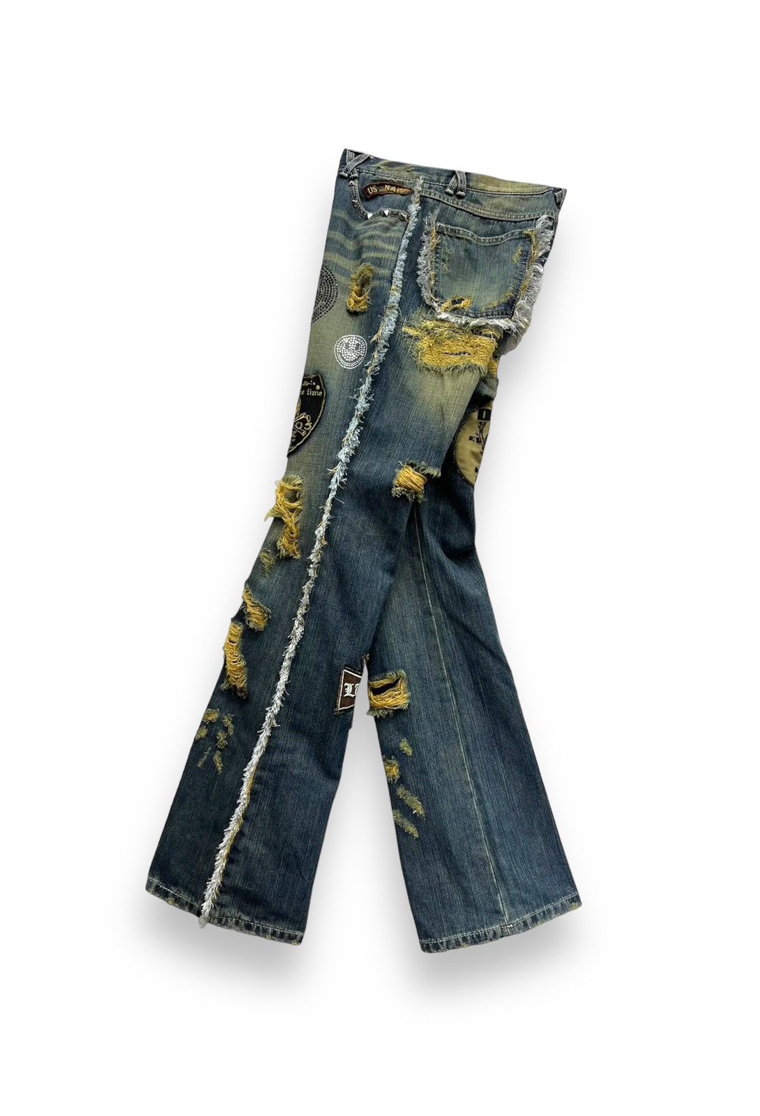Japanese Brand 🔥LUSC Mudmax Frayed Ripped Patches Flare Women's Denim Size US 28 / EU 44 - 3 Thumbnail