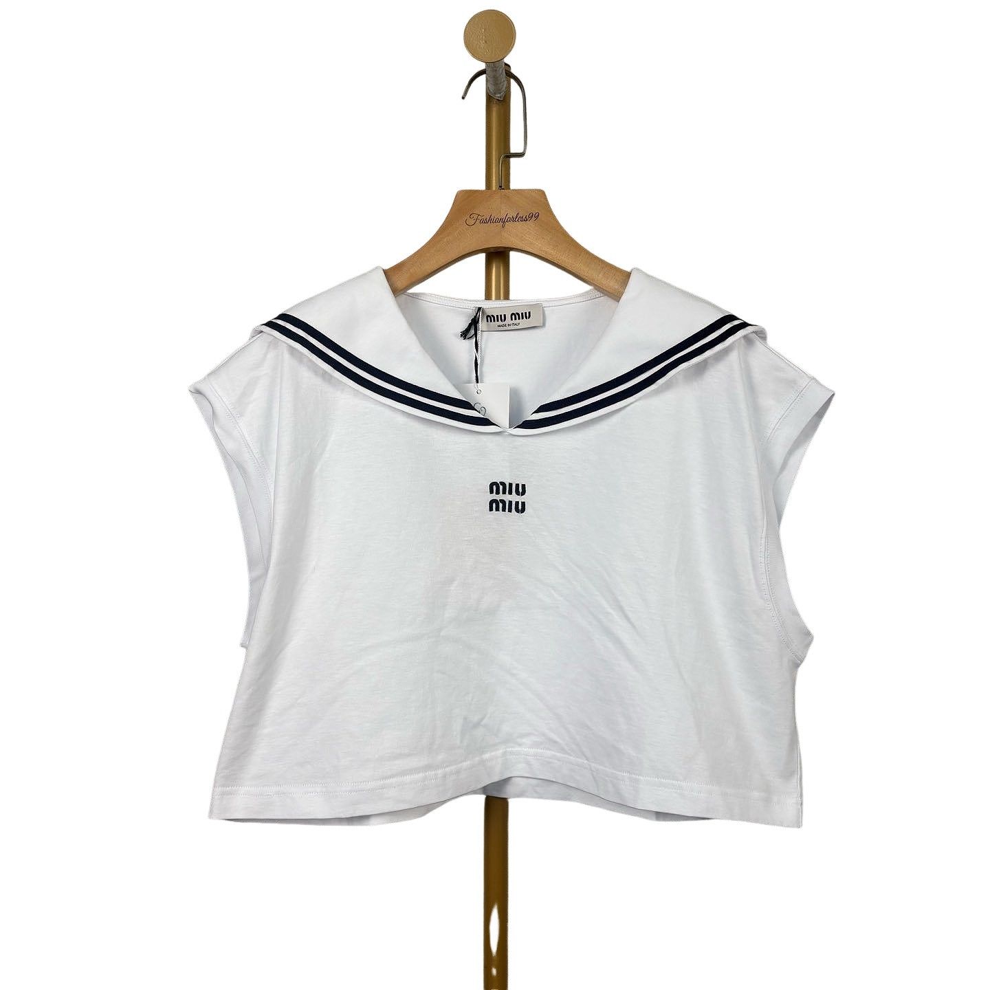 トップス MIU MIU sailor-collar cotton T-shirt Miu Miu sailor