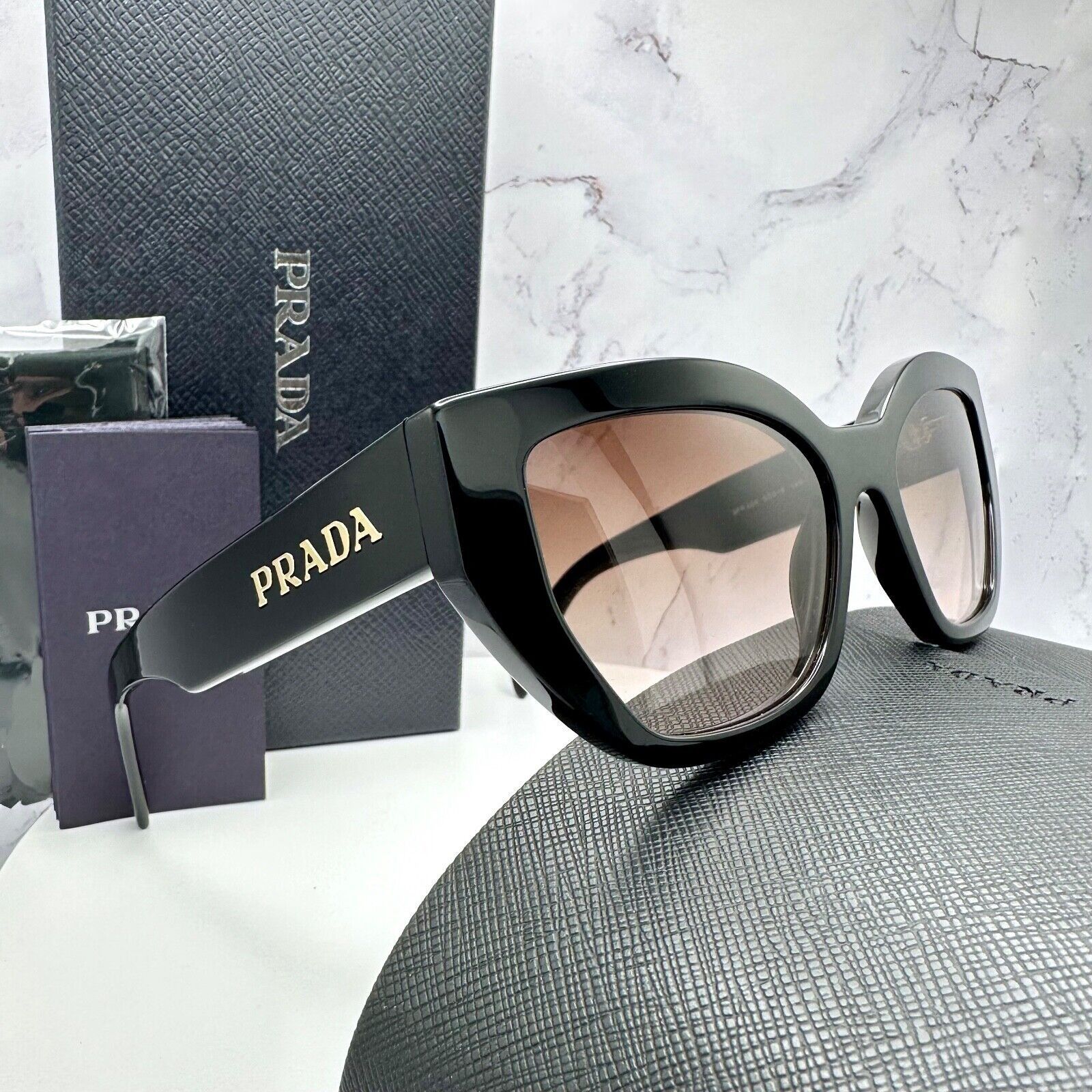 Prada New Prada Black Sunglasses Cat Eye Gold PRADA Metal Logo Size ONE SIZE - 14 Thumbnail