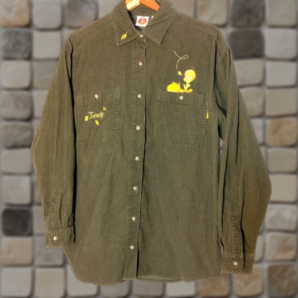 Vintage VINTAGE Looney Tunes Tweety Bird Women's Small Corduroy Shirt Long Sleeve Embroidered Button-Up Autumn Fall Green Size S / US 4 / IT 40 - 1 Thumbnail