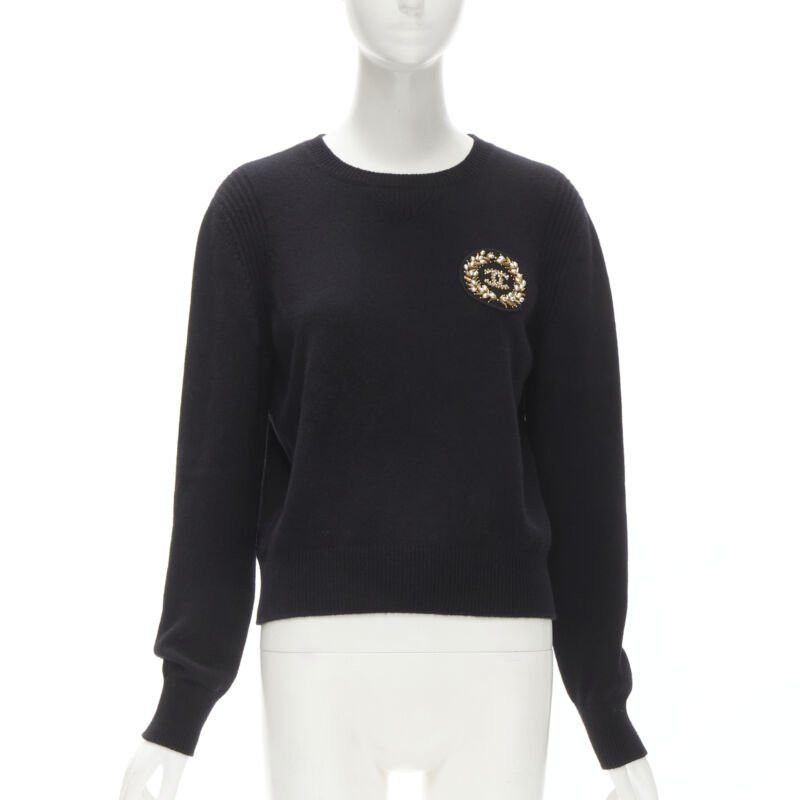 Chanel CHANEL black cashmere blend gold bead pearl CC embellished badge sweater FR42 L Size L / US 10 / IT 46 - 1 Thumbnail