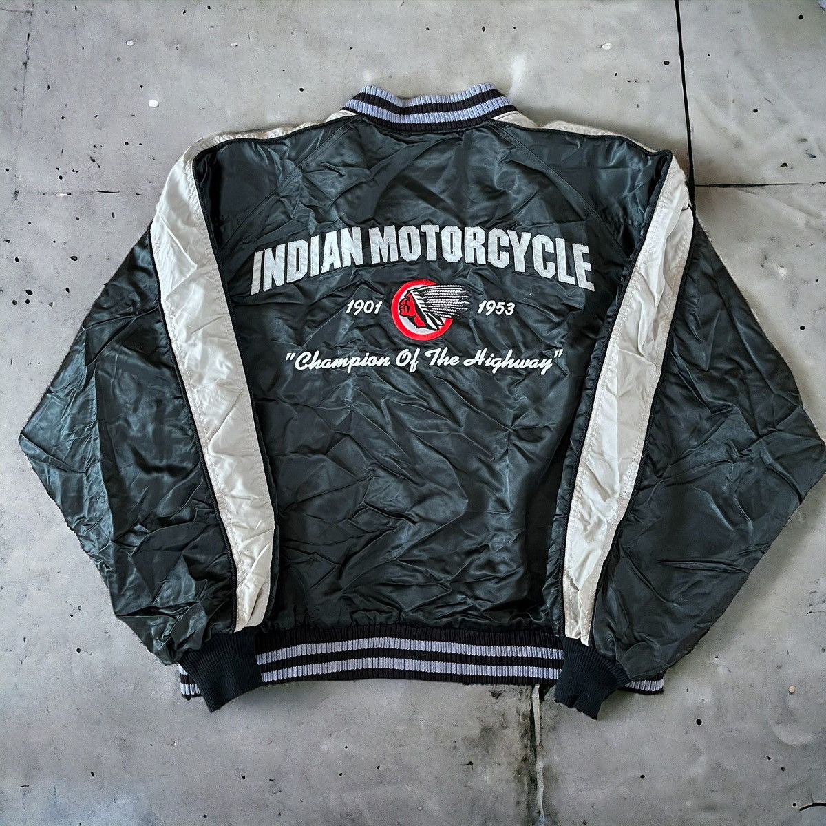 image of Harley Davidson x Indian Motercycles Vintage Indian Motorcycles Satin Bomber Jacket in Black (Size 