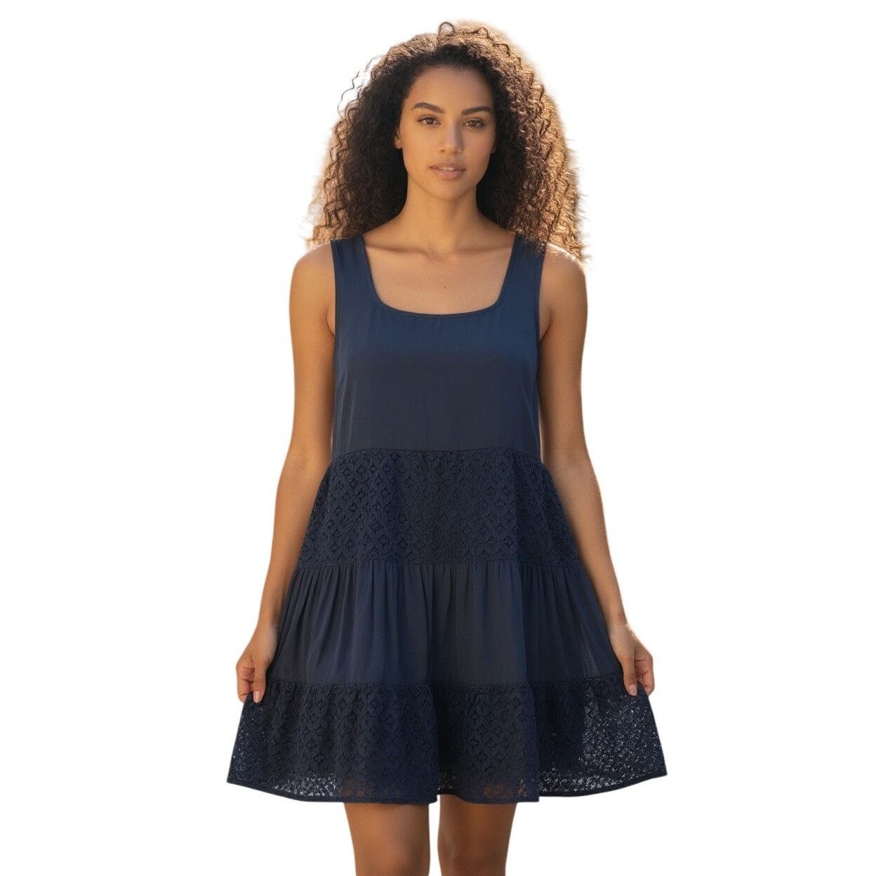 Other Speechless Junior’s Tiered Crochet Trim Tank Dress, Navy, Si Size ONE SIZE - 2 Thumbnail