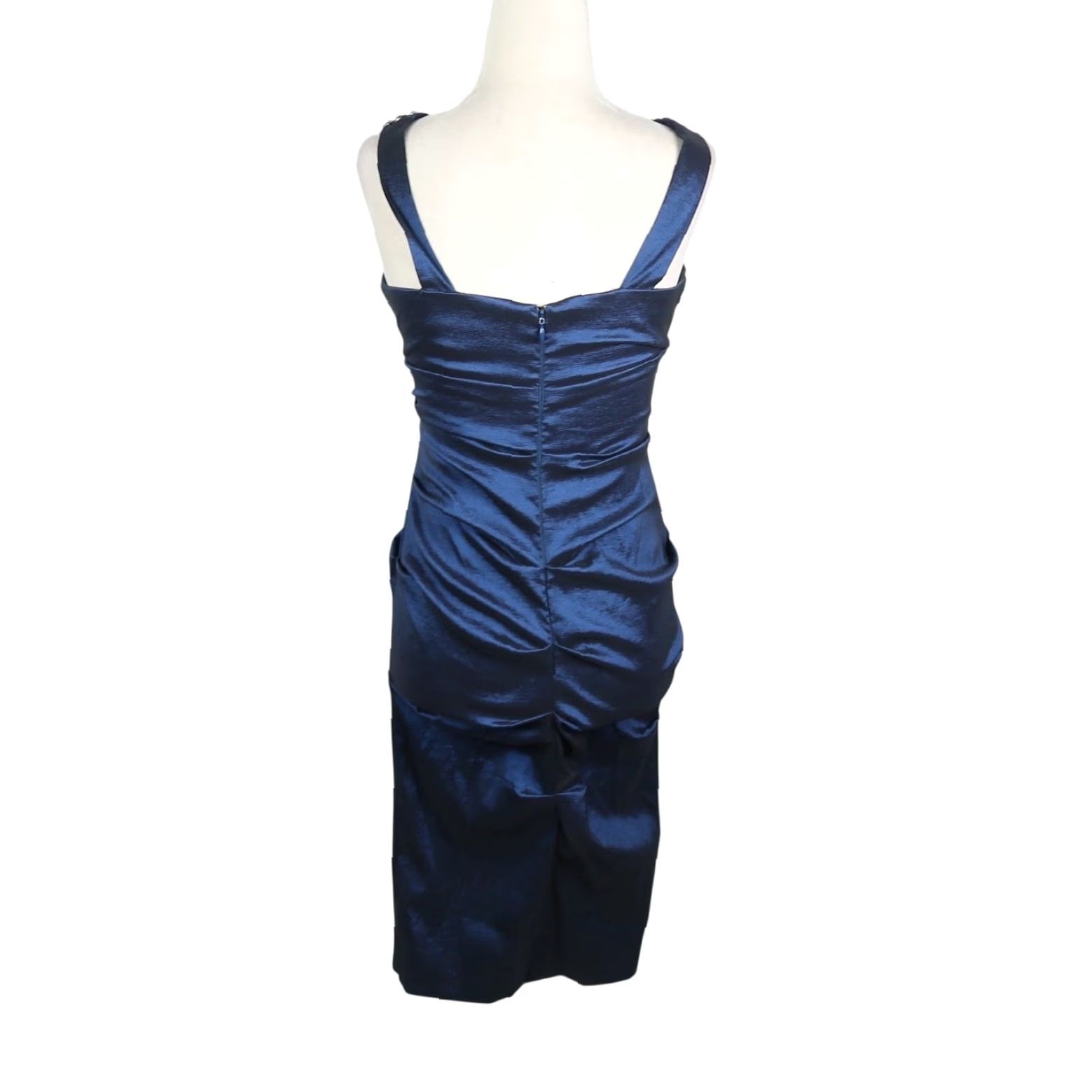 Vintage VINTAGE 90s Xscape Navy Blue Shiny Ruched Dress Cocktail Beaded Rhinestone Sequin Halter Knee Length Zip Front Back Womens Size 4 Size S / US 4 / IT 40 - 4 Thumbnail