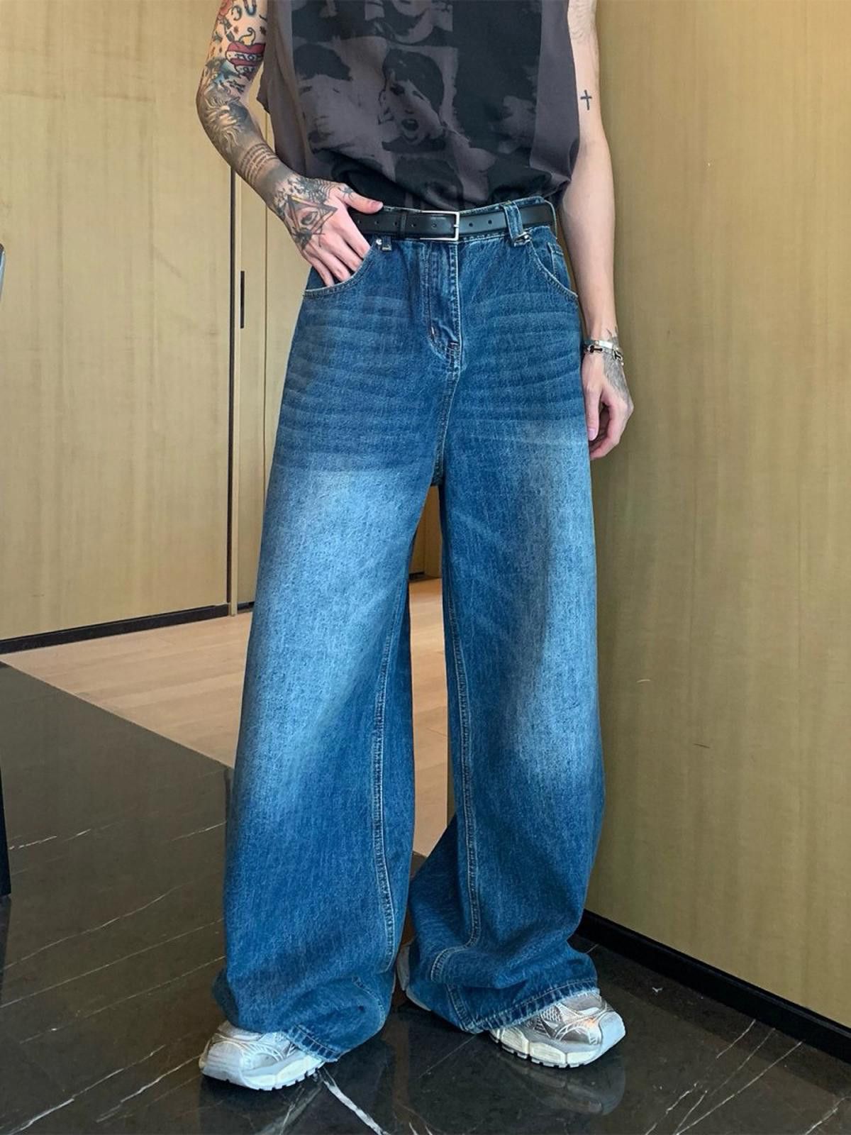 Jean × Vintage Vintage Wash Wide-Leg Denim Jeans, Chunky Flared Pants Size US 32 / EU 48 - 4 Thumbnail