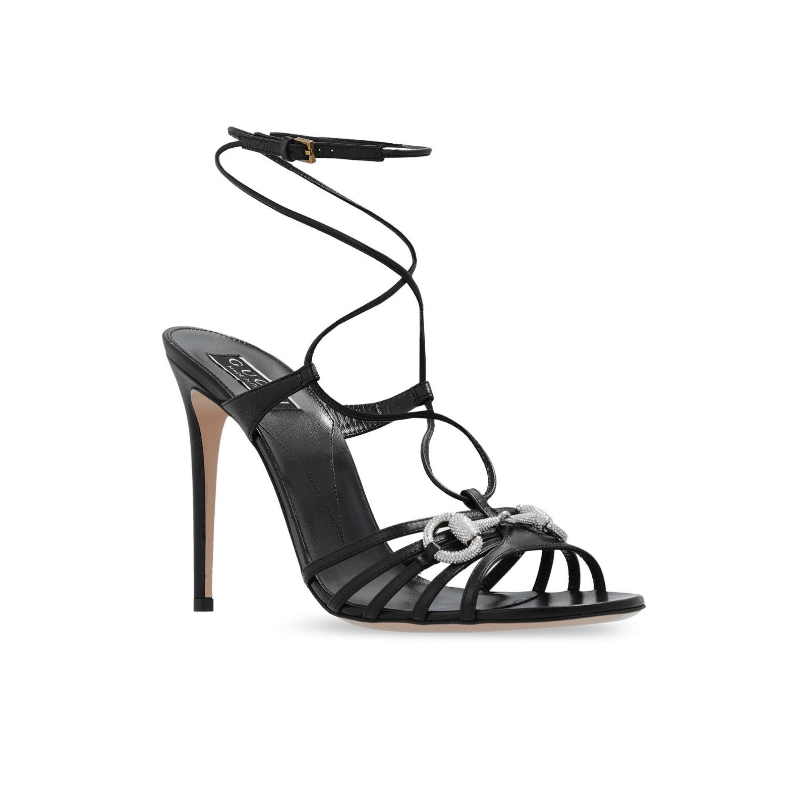 GUCCI Black Leather Horsebit 95mm Strappy Sandals New & Auth
