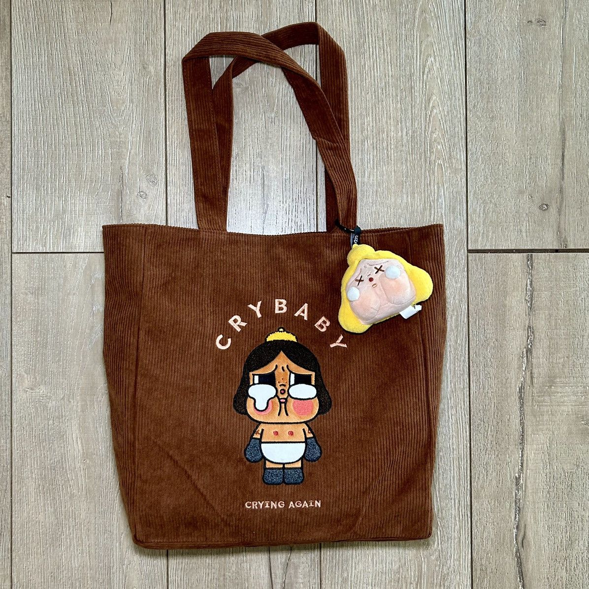 Pop Mart Crybaby Corduroy Tote Bag With Pocket in Brown, Men's