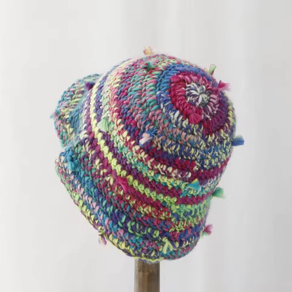 Japanese Brand Retro Color-blocked Striped Woolen Hand-knitted Bucket Hat Size ONE SIZE - 4 Thumbnail