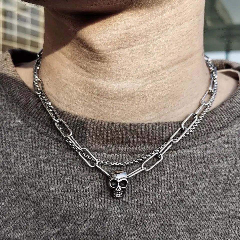 Jewelry Skull Double Layered Box Cable Link Charm Choker Necklace Size ONE SIZE - 1 Thumbnail