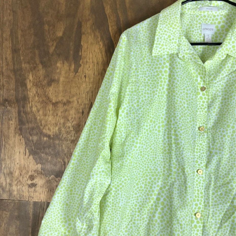 Vintage Chicos Womens Blouse White Green Dots Collared Non Iron Button Down 3 XL Shirt Womens Casual Workwear Polka Dot 3 (XL) Size XL / US 12-14 / IT 48-50 - 4 Thumbnail