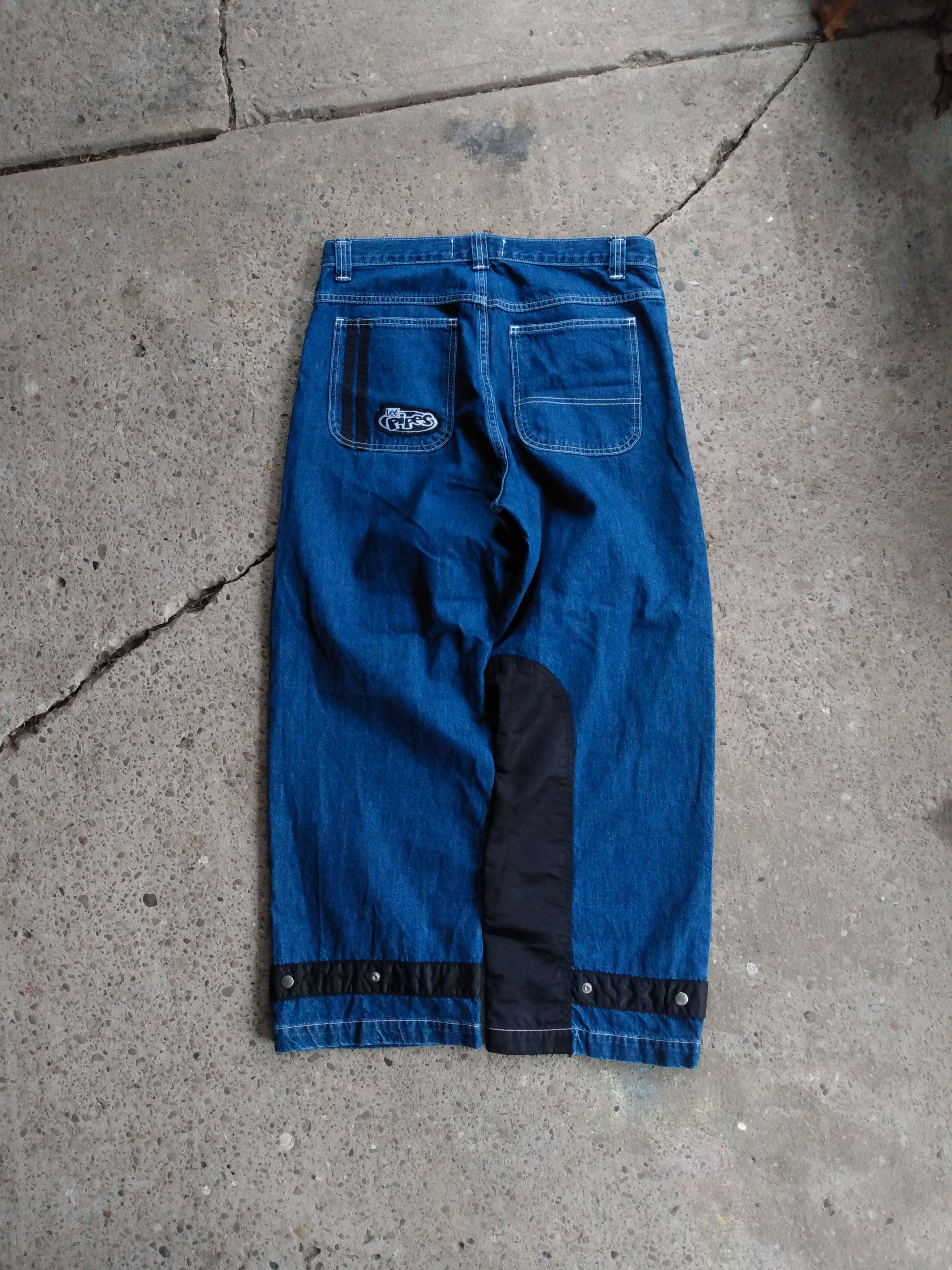 image of Jnco x Lee Pipes Baggy Bmx Jeans Y2K Vintage Japanese Skate Grunge in Dark Blue Denim/Black Nylon (