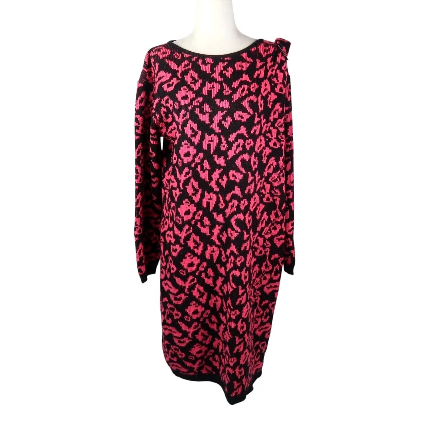 Vintage VINTAGE Darian Pink Black Leopard Print Knit Sweater Dress L Womens Long Sleeve 80s 90s Casual Party/Cocktail Knee Length Acrylic Knit Size L / US 10 / IT 46 - 2 Thumbnail