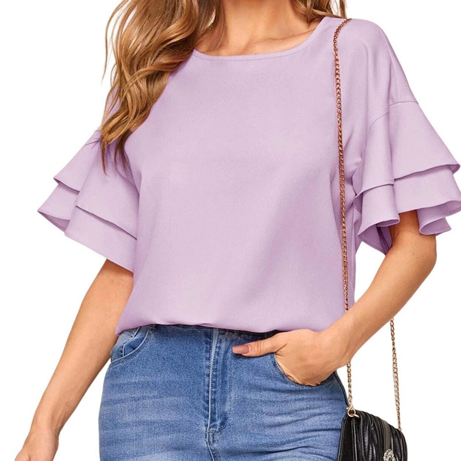 Zara Zara Purple Ruffle Sleeve Cropped Polyester Blouse Sz Small Size S / US 4 / IT 40 - 1 Thumbnail