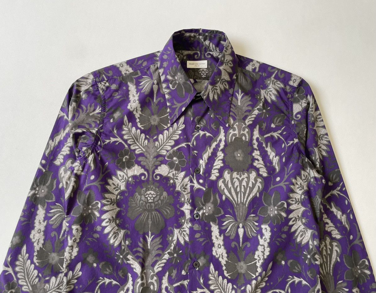 Dries Van Noten Purple / Gray Floral Print Cotton Shirt Size US M / EU 48-50 / 2 - 2 Thumbnail