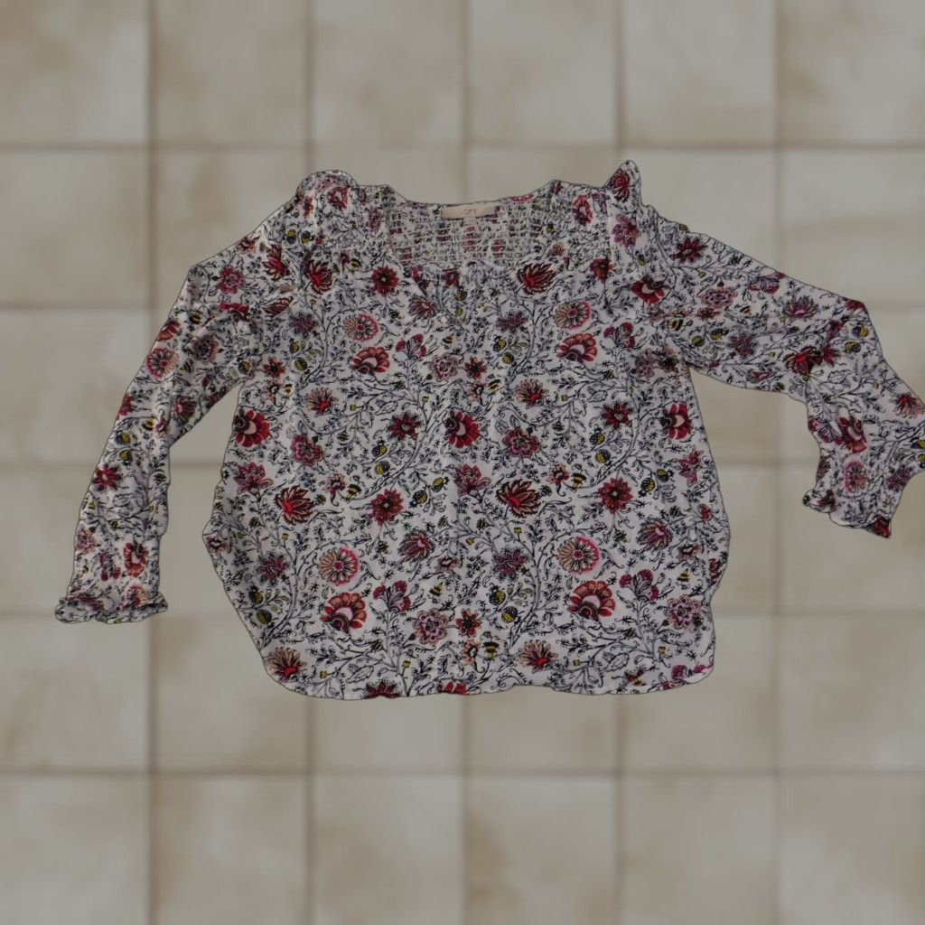 Loft LOFT Shirt Womens Medium White Floral Smocked Neck Long Sleeve Ruffle Boho Top Size M / US 6-8 / IT 42-44 - 1 Thumbnail