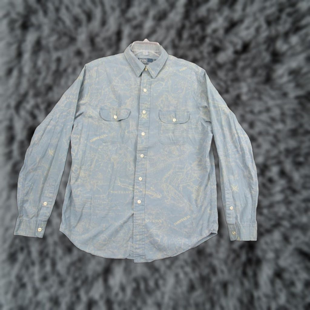 Polo Ralph Lauren VINTAGE Polo Ralph Lauren Shirt Mens Large Blue Map Print Long Sleeve Hamptons Nautical Shirt Size US L / EU 52-54 / 3 - 1 Thumbnail