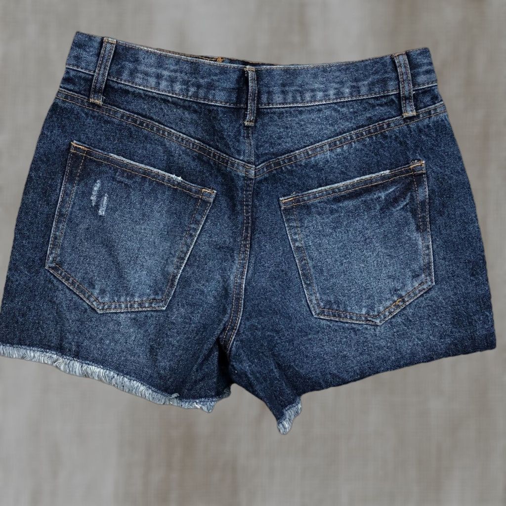 Vintage Vanilla Star Denim Shorts Women 3 Cut Off Mid Rise Dark Wash Distressed Holes Pocket Zipper Button Casual Modern Festival Size 26" / US 2 / IT 38 - 1 Thumbnail
