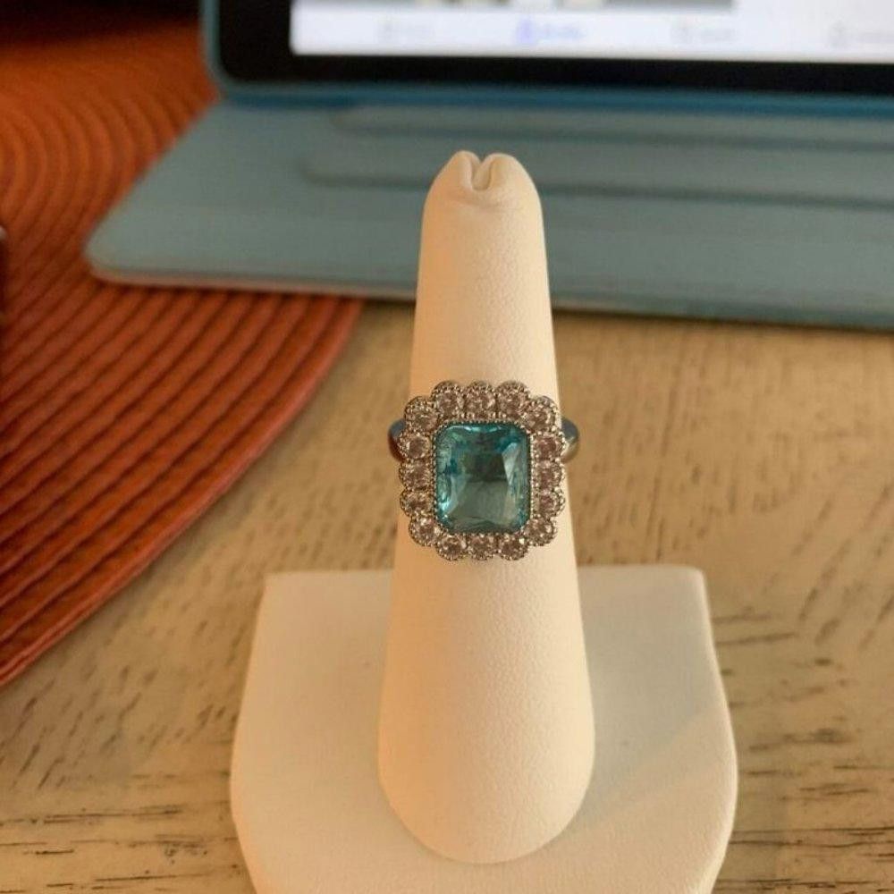 Designer Blue Inlaid Aquamarine Rhinestone Silver Ring - Size 5 Size ONE SIZE - 9 Thumbnail