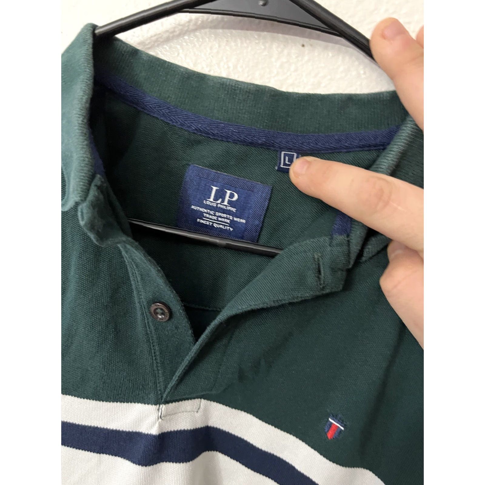 Vintage Louis Philippe Polo Shirt Mens Large Cotton Green White Horizontal Stripe Golf Carded Regular Short Sleeve Size US L / EU 52-54 / 3 - 3 Thumbnail