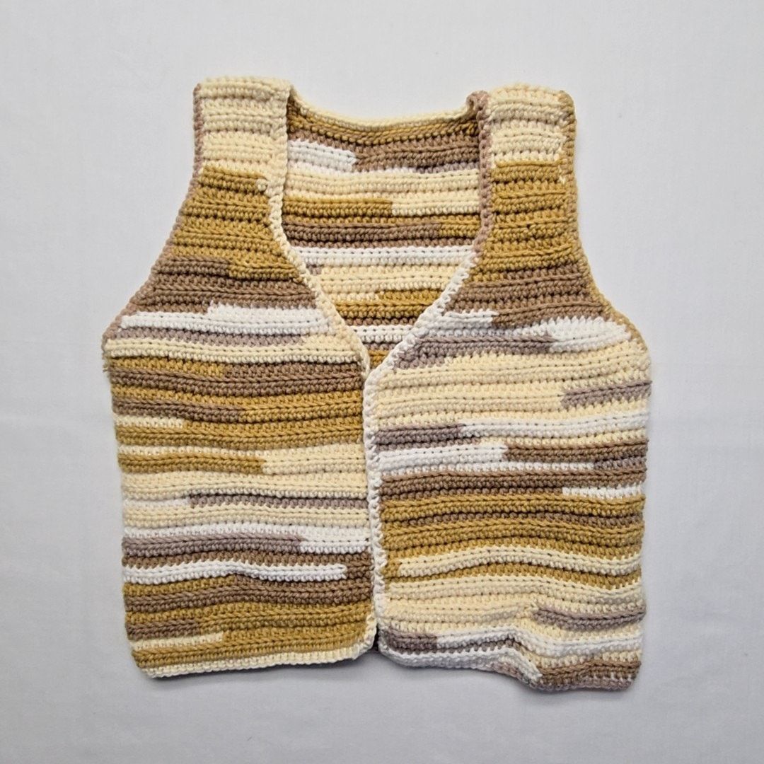 Handmade Womens Brown Tan S knitted Vest Striped Boho Knit Vest Size S / US 4 / IT 40 - 1 Thumbnail