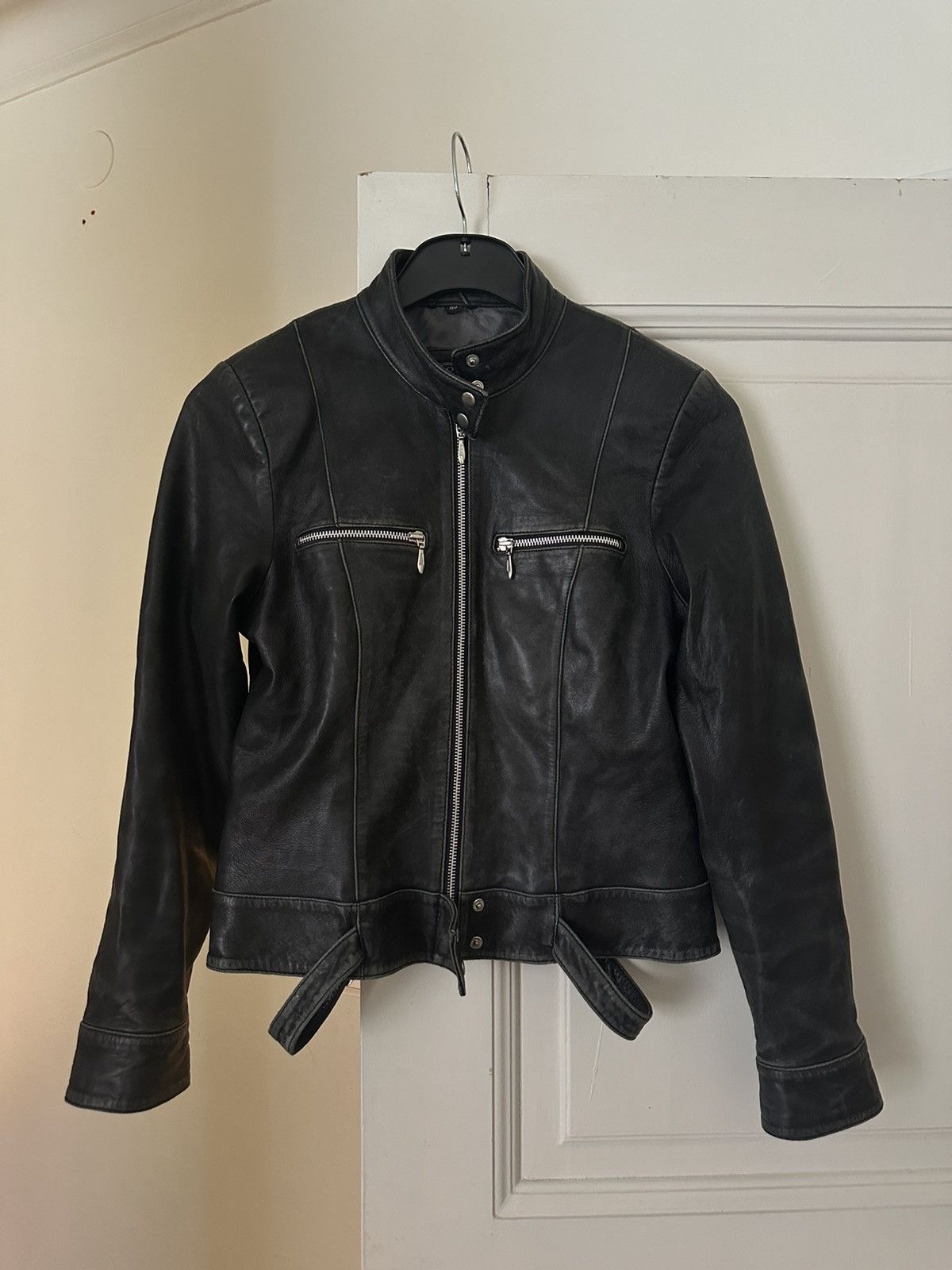 image of Vintage Rock N Blue Leather Jacket in Black, Women's (Size Small)