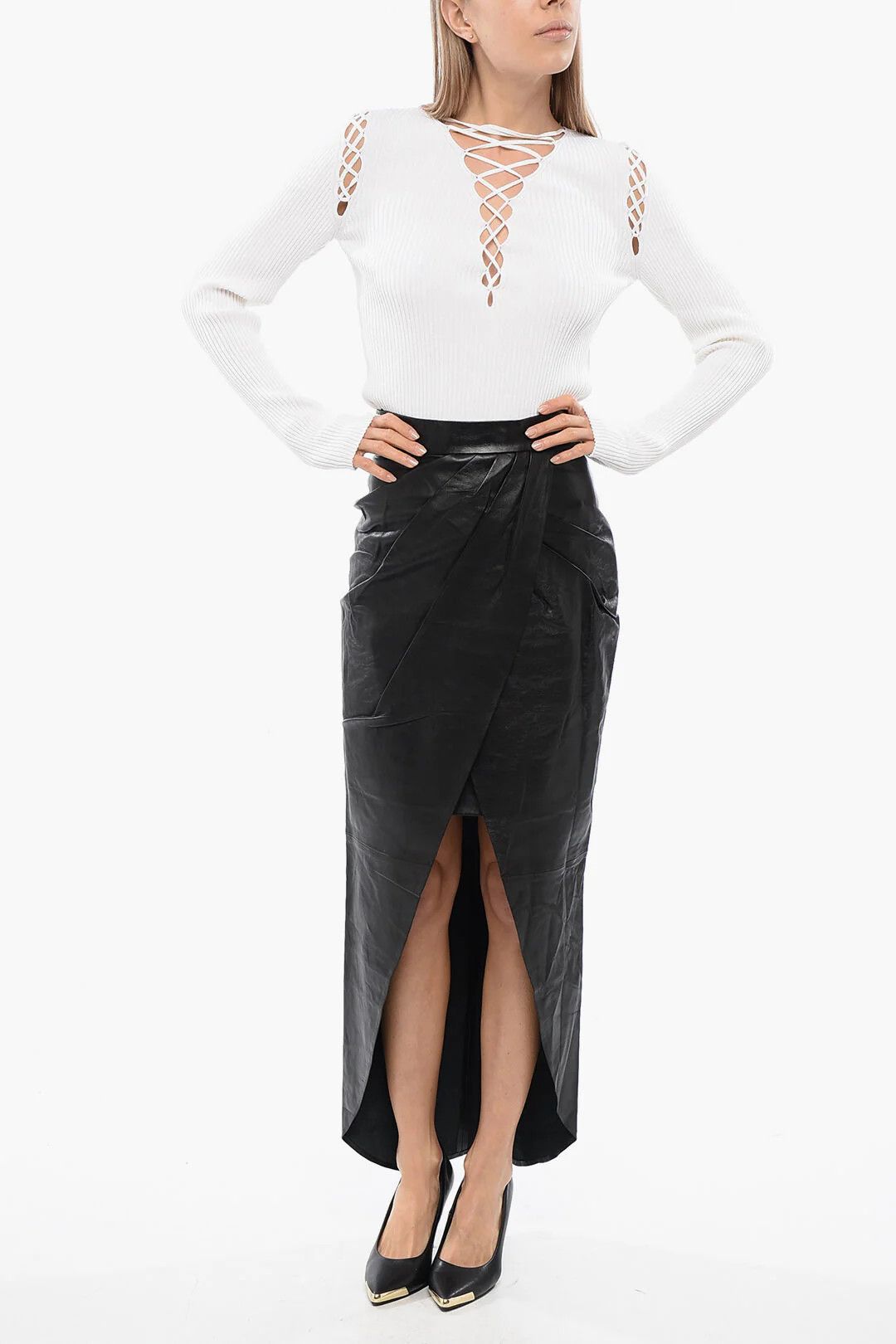 Balmain og1mm0326 Leather Midi Wrap Skirt in Black Size 40" / US 18 - 4 Thumbnail