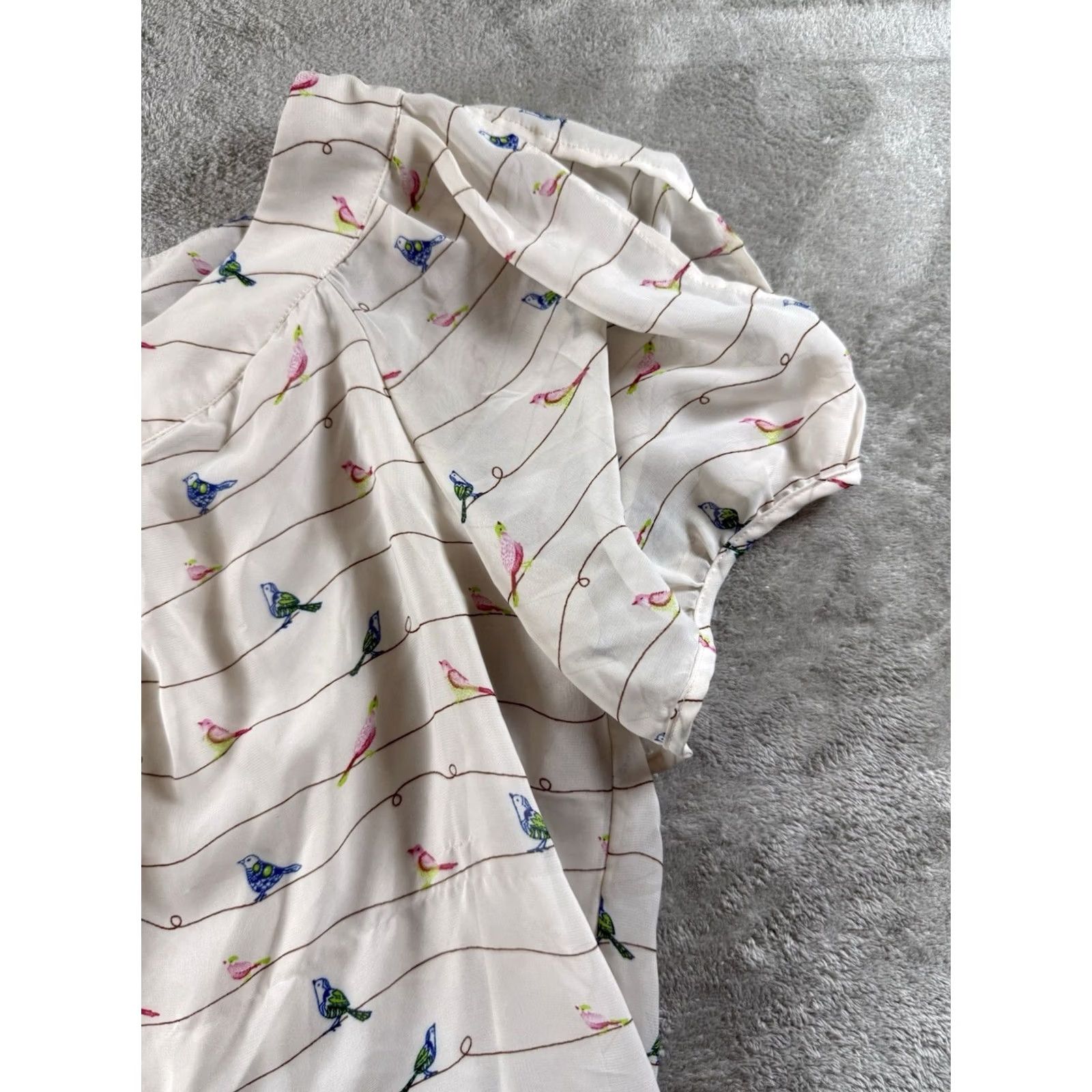 Vintage Roz And Ali Womens Bird Print Chiffon Blouse Top 3X Ivory Short Sleeve Cottage Size XXL / US 16-18 / IT 52-54 - 4 Thumbnail
