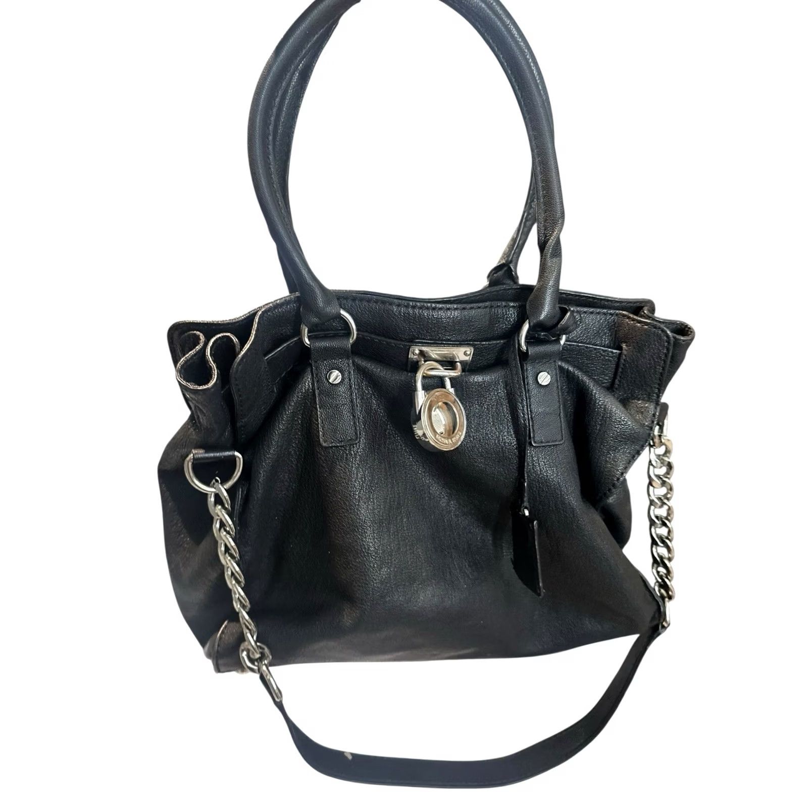 Michael Kors Michael Kors Hamilton Satchel Tote Bag Large Black Pebbled Leather Silver Lock Chain Women Size ONE SIZE - 2 Thumbnail