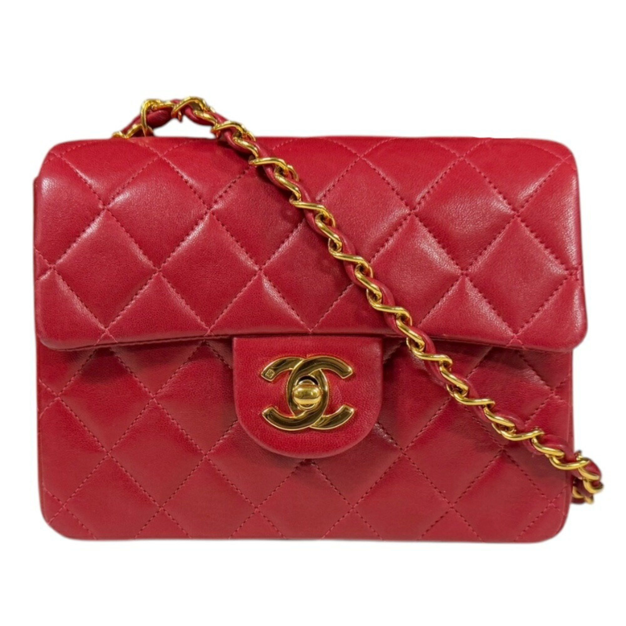 Chanel Mini Matelasse Shoulder Bag Lambskin A35200 Red Women's Chanel Chain