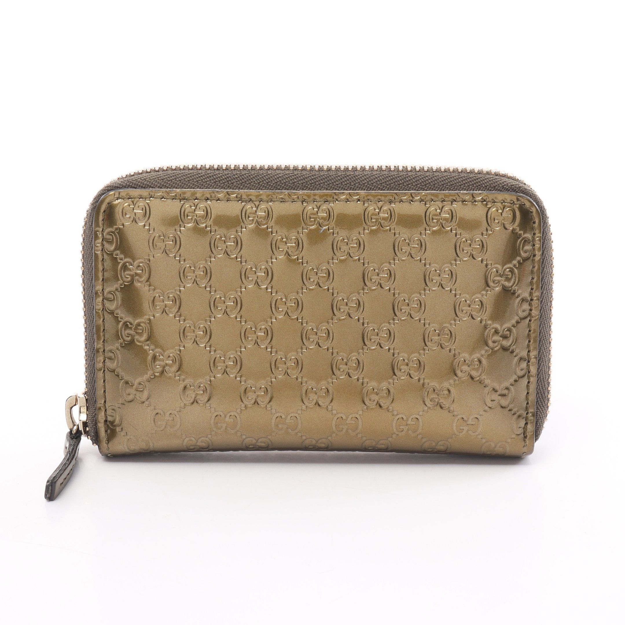 image of Micro GG Guccissima Coin Purse Card Case Leather Khaki Green Metallic, Women's